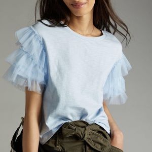 Anthropologie Blue Ruffled Tulle Sleeve Top XXSP